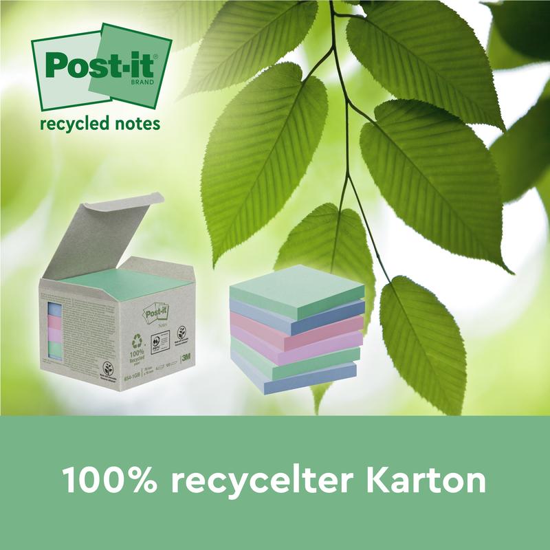 A pack of 3M Post-it® Recycling Notes (38 mm x 51 mm, 100 sheets/block, 100% PEFC) is framed by green leaves. The text reads "100% recycled cardboard" and "recycled notes" on a light green background.