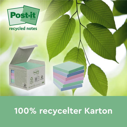 An open box with pastel-colored Post-it® Recycling Notes (38 mm x 51 mm, 100 sheets/block, 100% PEFC) from 3M Deutschland GmbH lies next to stacked notes, behind which are green leaves. Text: "100% recycled cardboard" and "recycled notes."