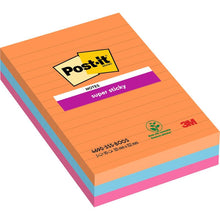 A stack of large, lined Post-it® Super Sticky Notes (101 mm x 152 mm, 90 sheets/block, 100% PEFC) in the colors orange, pink, and blue from 3M Deutschland GmbH.