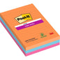 A stack of large, lined Post-it® Super Sticky Notes (101 mm x 152 mm, 90 sheets/block, 100% PEFC) in the colors orange, pink, and blue from 3M Deutschland GmbH.