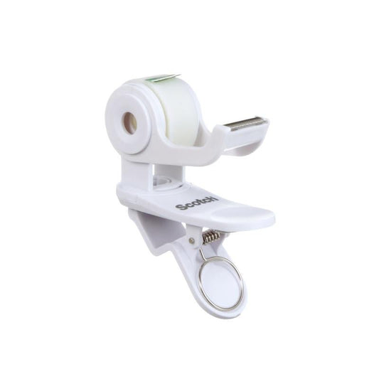 The Scotch™ Clip & Twist Tape Dispenser C19 from 3M Deutschland GmbH features a spring-loaded clip, a metal key ring, a serrated cutting edge, and comes with a roll of Scotch® Magic™ Invisible Tape (19mm × 8.89m).
