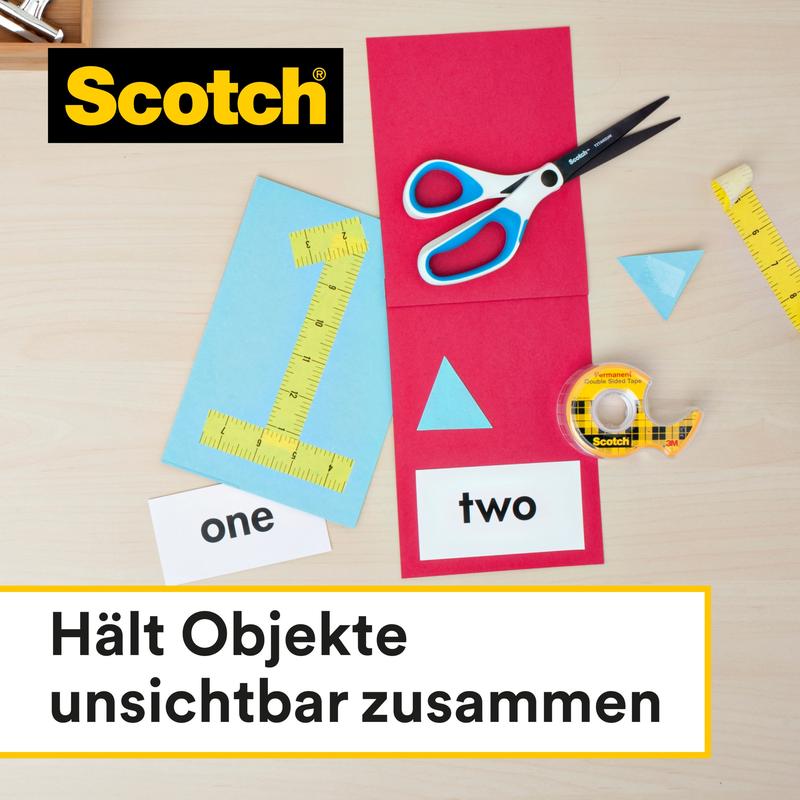 On a table lie a roll of 3M Deutschland GmbH Scotch® double-sided tape (12 mm x 33 m), scissors, a yellow measuring tape, and paper with numbers and shapes. The German text reads: "Holds objects invisibly together.