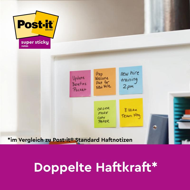 Six colorful Post-it® Super Sticky Notes (47.6 mm x 47.6 mm, 90 sheets/block, 100% PEFC) from 3M Deutschland GmbH with handwritten reminders are attached to a white surface. The image highlights the double adhesive strength and the Post-it logo.