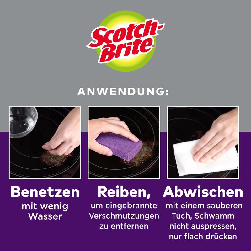 Three steps to cleaning with Scotch-Brite™ Glass Ceramic Cleaning Sponge (3M Deutschland GmbH): 1) Moisten the glass ceramic surface. 2) Scrub off burns with the cleaning sponge. 3) Wipe with a cloth - do not press the sponge flat.