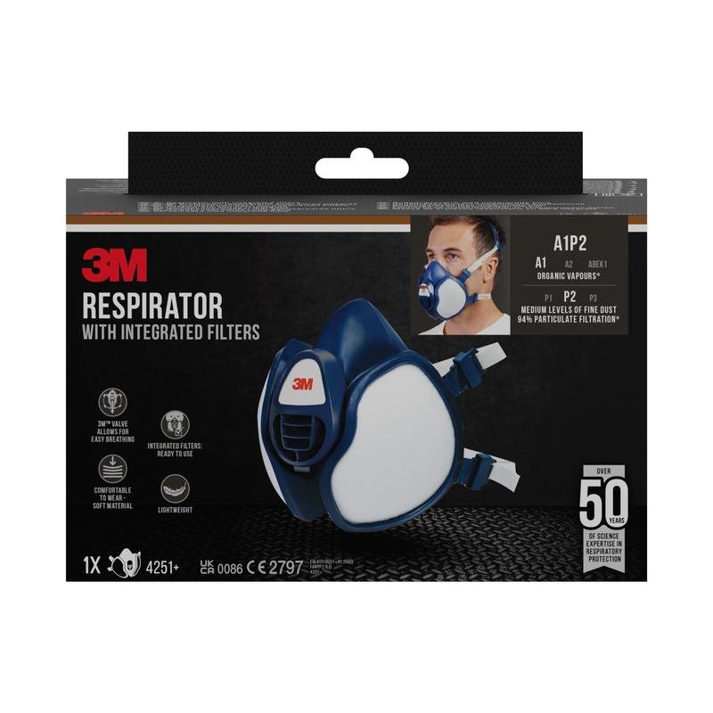 A box of the 3M™ respirator with integrated filters from 3M Deutschland GmbH shows the mask and a wearer and highlights the A1P2 protection, the soft, lightweight material, and over 50 times protection against occupational exposure on the packaging.