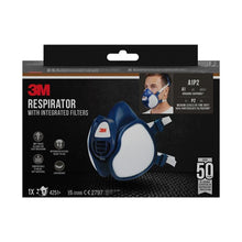 A box of the 3M™ respirator with integrated filters from 3M Deutschland GmbH shows the mask and a wearer and highlights the A1P2 protection, the soft, lightweight material, and over 50 times protection against occupational exposure on the packaging.