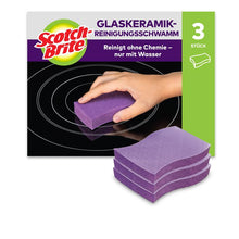 Pictured is a pack of Scotch-Brite™ Glass Ceramic Cleaning Sponge (3 pieces) from 3M Deutschland GmbH, with German text highlighting its use on glass ceramic surfaces. The box shows a hand cleaning a stovetop, and three purple sponges are stacked in front.