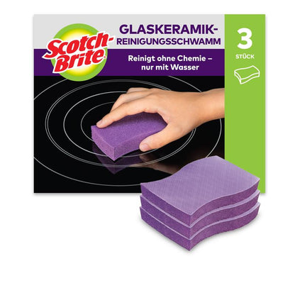 Pictured is a pack of Scotch-Brite™ Glass Ceramic Cleaning Sponge (3 pieces) from 3M Deutschland GmbH, with German text highlighting its use on glass ceramic surfaces. The box shows a hand cleaning a stovetop, and three purple sponges are stacked in front.