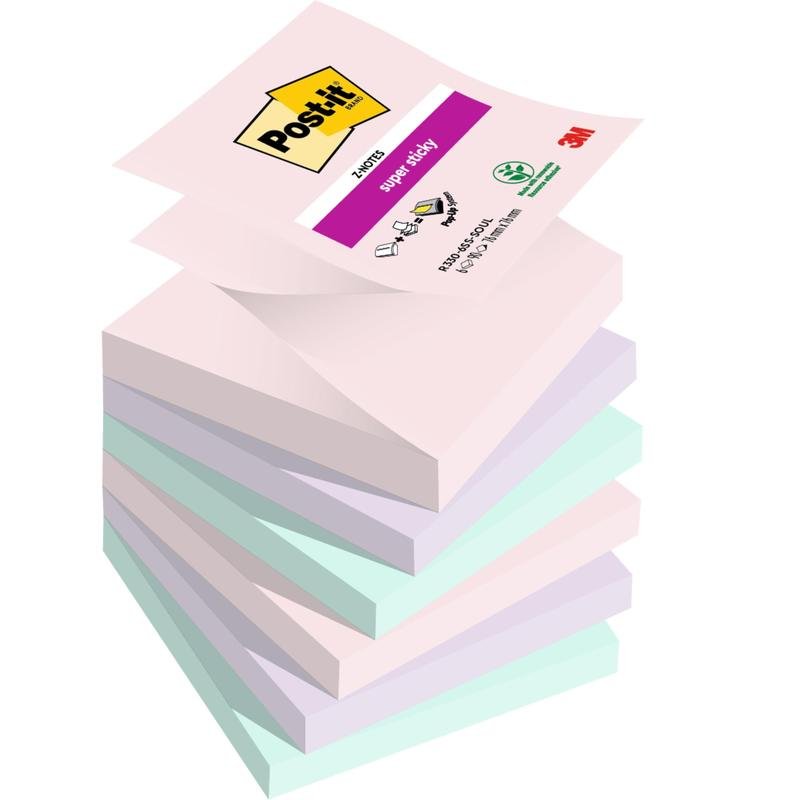 A stack of pastel-colored Post-it® Super Sticky Z-Notes (Boost Collection, 76x76 mm, 90 sheets, 100% PEFC) is fanned out. The top block displays the logo and company information for 3M Deutschland GmbH.