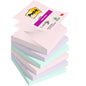 A stack of pastel-colored Post-it® Super Sticky Z-Notes (Boost Collection, 76x76 mm, 90 sheets, 100% PEFC) is fanned out. The top block shows the logo and details of 3M Deutschland GmbH.