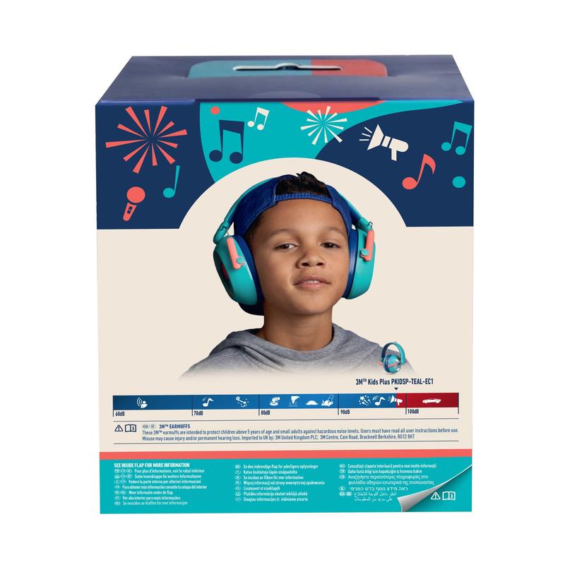 A product packaging from 3M Deutschland GmbH shows a child with a teal 3M™ Kids Hearing Protection PKIDSP-TEAL-E headphones (87-98 dB). The box features musical notes, fireworks, and a megaphone, highlighting the ideal hearing protection for children.