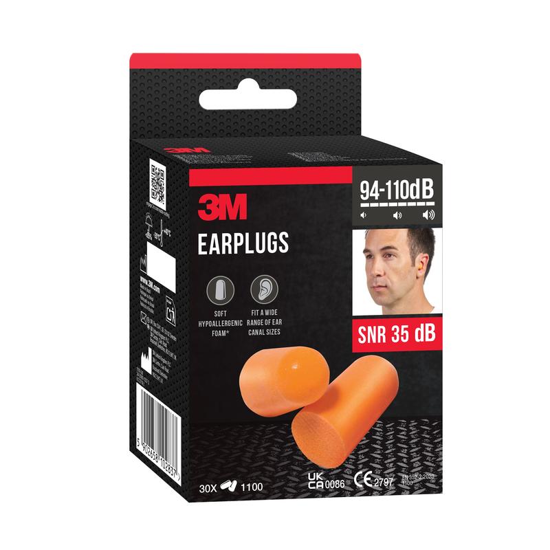 A box of 3M™ Earplugs 1100 from 3M Deutschland GmbH with two orange foam plugs, SNR value 35 dB, comfort and fit highlights, and a photo of a man wearing them on the packaging.