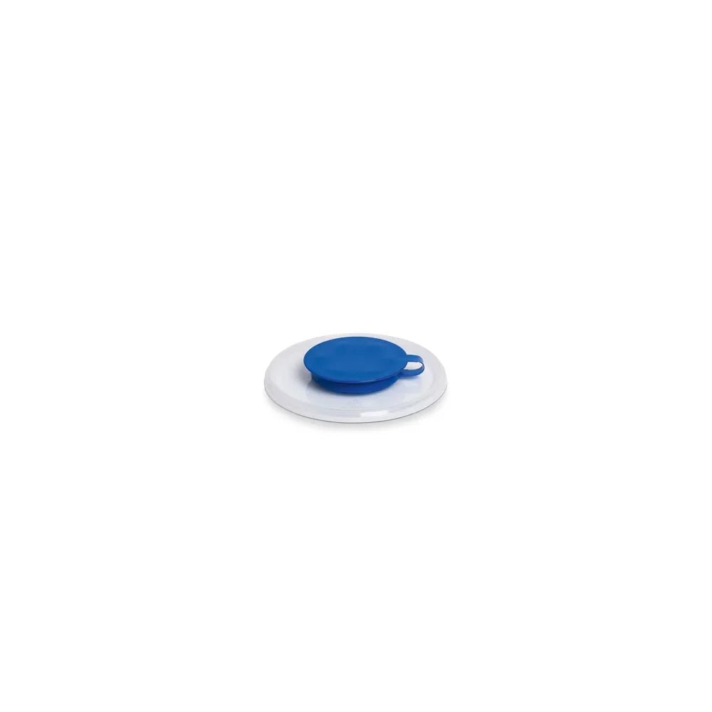 A Dr. Schumacher bucket lid blue small (1 piece) from Dr. Schumacher GmbH is upside down on a white round plate, centered on a plain white background.