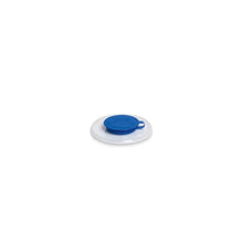 A Dr. Schumacher bucket lid blue small (1 piece) from Dr. Schumacher GmbH is upside down on a white round plate, centered on a plain white background.