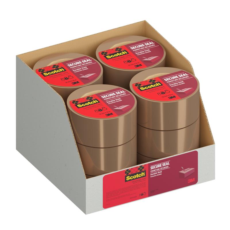 A display box contains eight rolls of Scotch® packaging tape for secure sealing (50 mm x 50 m) from 3M Deutschland GmbH, with each roll featuring a red label and the Scotch brand logo.