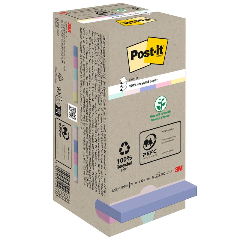 A box of Post-it® Recycling Z-Notes (76 mm x 76 mm, 100% PEFC, 100 sheets/block) by 3M Deutschland GmbH. The beige packaging shows eco-friendly symbols and pastel-colored sticky notes at the bottom with a visible 3M logo.