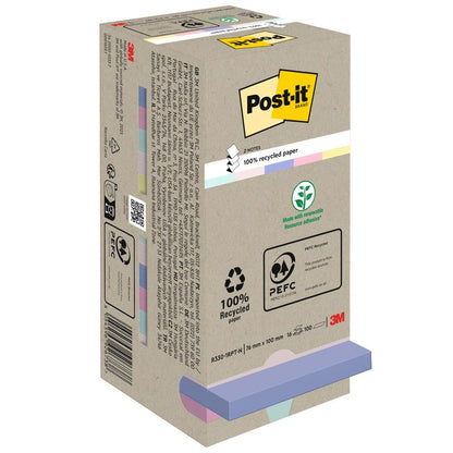 A box of Post-it® Recycling Z-Notes (76 mm x 76 mm, 100% PEFC, 100 sheets/block) by 3M Deutschland GmbH. The beige packaging shows eco-friendly symbols and pastel-colored sticky notes at the bottom with a visible 3M logo.