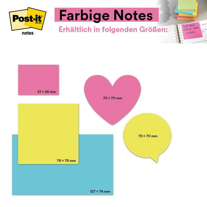 A table shows Post-it® Notes from 3M Deutschland GmbH in five shapes and sizes: 51x38 mm (pink rectangle), 76x76 mm (yellow square, 100 sheets/block, 100% PEFC), 127x76 mm (blue rectangle), 70x70 mm (pink heart or yellow speech bubble).