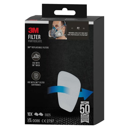 The black box of the 3M™ Particle Filter 5925, P2, from 3M Deutschland GmbH contains 10 pairs of P2 filters. The packaging shows a white filter, a blue arrow, symbols for use with 3M masks/cartridges, and the note "Protection against dust".