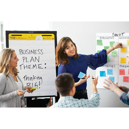 In a meeting room, a woman points to a SWOT analysis decorated with Post-it® Super Sticky Notes (76 mm x 76 mm, 90 sheets/block, 100% PEFC) from 3M Deutschland GmbH, while others discuss the business plan topic: "Thinking BIG!".
