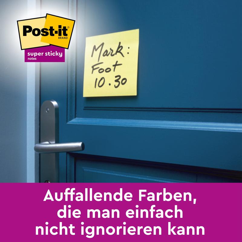 A yellow Post-it® Super Sticky Note (76 mm x 76 mm, 3M Deutschland GmbH) with the handwritten note "Mark: Foot 10.30" is placed above the handle on a blue door, the logo and German text are visible at the bottom of the image.