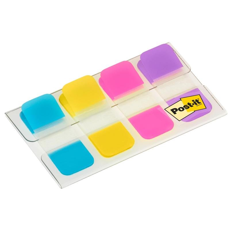 A transparent plastic holder from 3M Deutschland GmbH contains 40 Post-it® Index Strong Filing Tabs, Mini, in the colors blue, violet, pink, and yellow (15.8 mm x 38.1 mm) for document organization; a yellow label is located in the lower right corner.