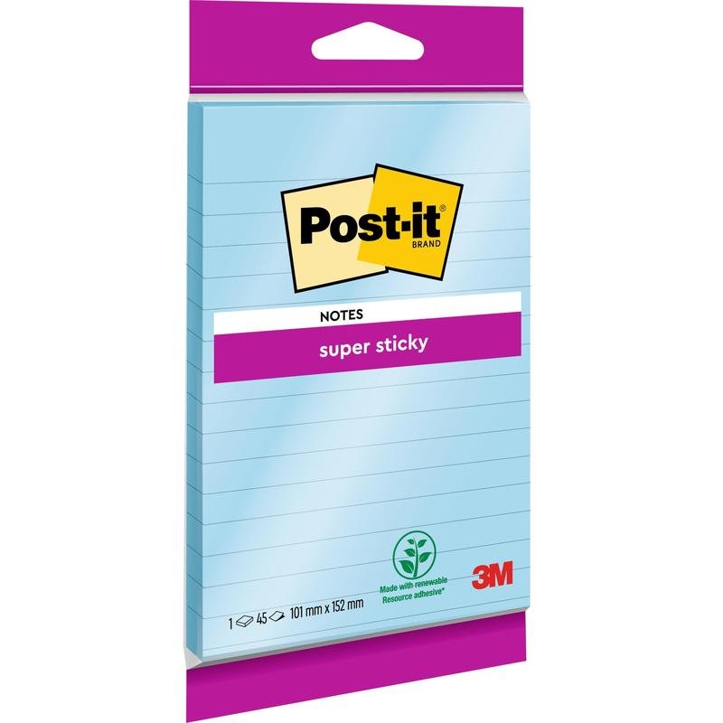 A pack of Post-it® Super Sticky Notes in large format, lined (102 x 152 mm, 45 sheets, 100% PEFC) from 3M Deutschland GmbH with extra strong hold.
