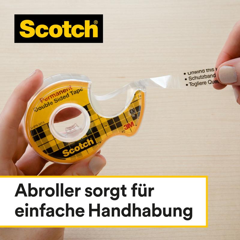 A hand pulls Scotch® double-sided tape, refill pack (2 rolls, 12 mm x 6.3 m) from 3M Deutschland GmbH from a yellow dispenser on light wood; at the top left are "Dispenser ensures easy handling" and "Scotch" visible.