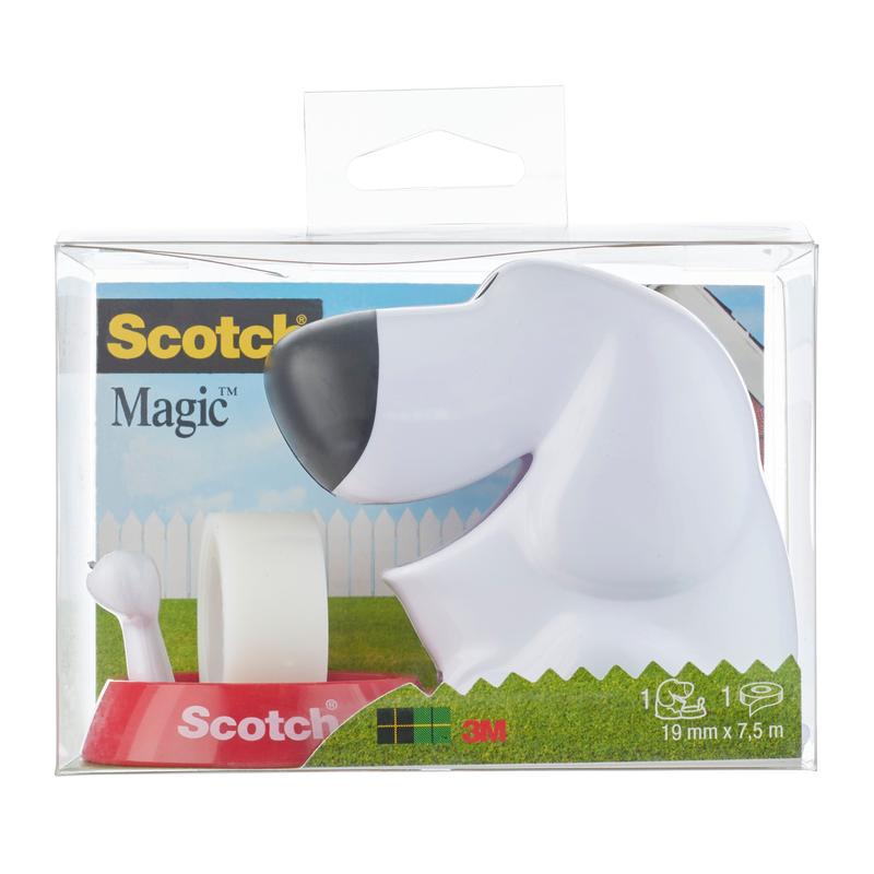 The Scotch™ desktop dispenser in dog design C31 with Scotch® Magic™ invisible tape (19 mm x 8.89 m, 1 roll/package) by 3M Deutschland GmbH is ideal for office supplies and comes in a box with brand logo and product info.