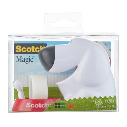 The Scotch™ desktop dispenser in dog design C31 with Scotch® Magic™ invisible tape (19 mm x 8.89 m, 1 roll/package) by 3M Deutschland GmbH is ideal for office supplies and comes in a box with brand logo and product info.