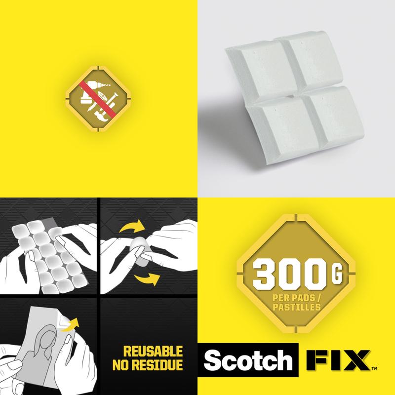 An advertisement image for 3M Deutschland GmbH Scotch-FIX™ Removable Adhesive Pads 301008C36-P (11x15mm, 36 pieces/pack) shows white pads, a usage guide, a weight limit of 300g, and the text: "reusable, residue-free, strong adhesion."