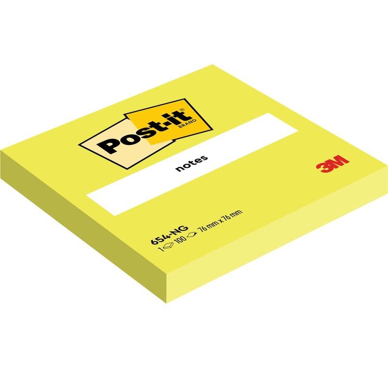A yellow pack of Post-it® Notes (76 mm x 76 mm, 100 sheets/block, 100% PEFC) from 3M Deutschland GmbH features the Post-it brand logo and "notes" on the cover.