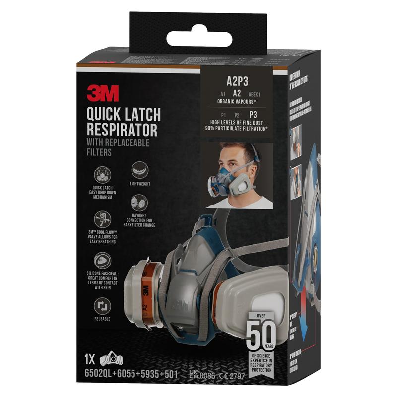 A black-gray box of the 3M™ Quick Latch Respirator 6502QLKIT-1 from 3M Deutschland GmbH with replaceable A2P3 filters, product images, application symbols, technical specifications, and a photo of a person wearing the mask on the front.