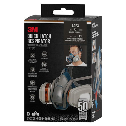 A black-gray box of the 3M™ Quick Latch Respirator 6502QLKIT-1 from 3M Deutschland GmbH with replaceable A2P3 filters, product images, application symbols, technical specifications, and a photo of a person wearing the mask on the front.