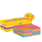 A yellow package of 3M Deutschland GmbH Post-it® Super Sticky Notes (76 x 76 mm, 90 sheets/block, 100% PEFC) contains 24 color-sorted blocks with the promotional label "21 + 3 Free".