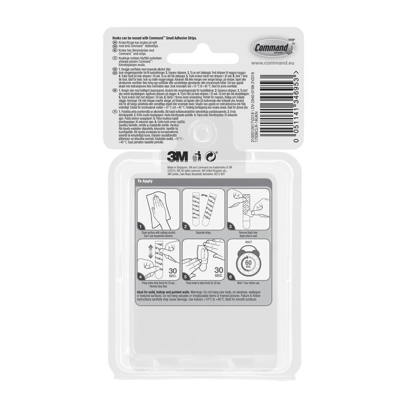 The back of a Command™ Mini Hook, transparent, with transparent strips, 17006CLRFGN package by 3M Deutschland GmbH shows pictured storage without drilling steps, barcode, branding, website info & simple usage instructions.