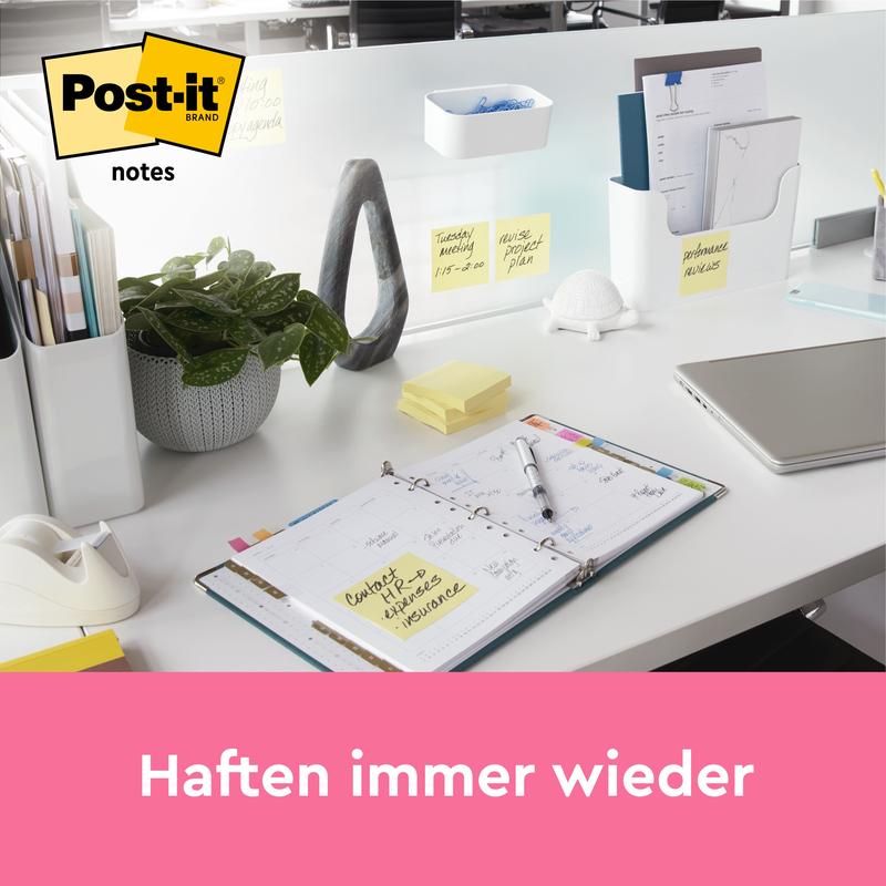 A tidy office desk shows Post-it® Notes, Yellow, 38 mm x 51 mm (100 sheets/block, 12 blocks/pack, 100% PEFC) from 3M Deutschland GmbH. The notes are visible on the desk and the partition. The text below reads: "Stick again and again."