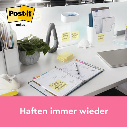 A tidy office desk shows Post-it® Notes, Yellow, 38 mm x 51 mm (100 sheets/block, 12 blocks/pack, 100% PEFC) from 3M Deutschland GmbH. The notes are visible on the desk and the partition. The text below reads: "Stick again and again."