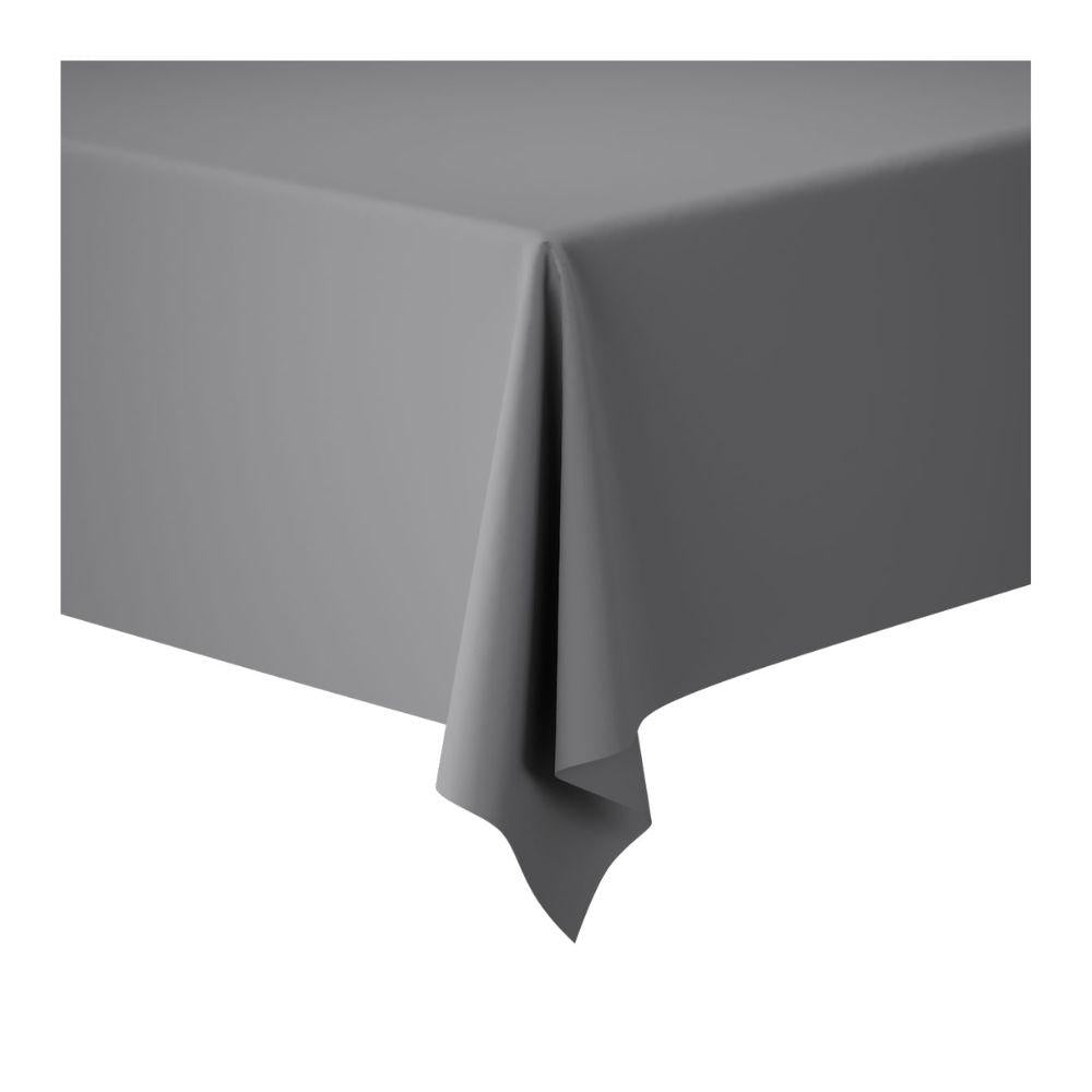 A Dunicel tablecloth roll 1.18 m x 10 m from Duni GmbH in solid gray covers the table corner, fabric draped on two sides – ideal for weddings, banquets, and corporate events.