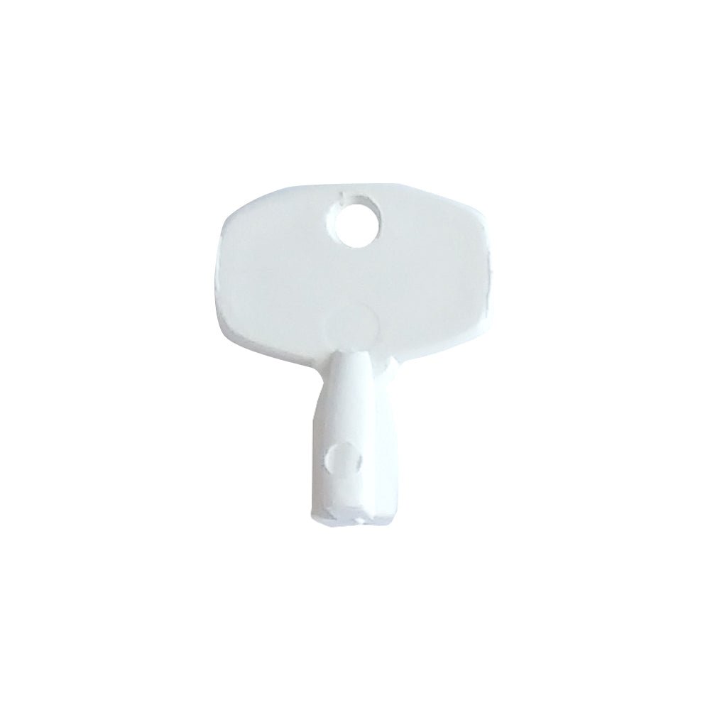 The Soft Care Bulk Key from Diversey Deutschland GmbH & Co. OHG is a small, white replacement key for Soft Care Bulk Dispensers with a rounded, rectangular head, a single upper hole, and a cylindrical shaft, depicted on a plain white background.