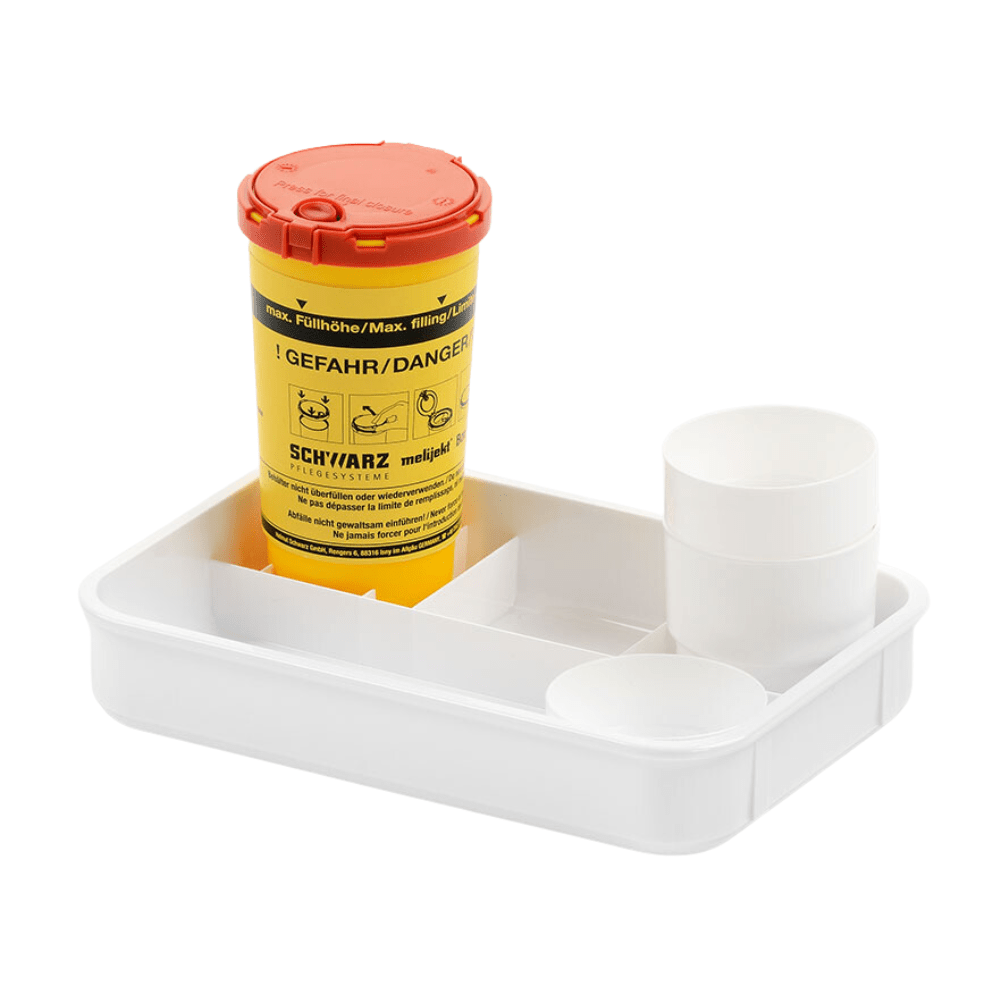 The melijekt blood sugar tablet E from Helmut Schwarz GmbH is a compact white storage shell with a yellow-red cylindrical container labeled "Danger" and "Schwarz." It also includes two white containers of different heights, all efficiently housed in separate compartments. Perfect for care facilities or personal use.