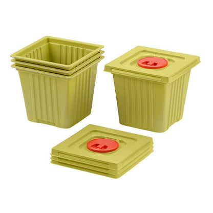 Set of 20 melijekt disposal containers 12 L by Helmut Schwarz GmbH in a box. Square green containers with matching lids, each with a round red center slot. Three are stacked, one is shown with a lid. Made from recycled material.