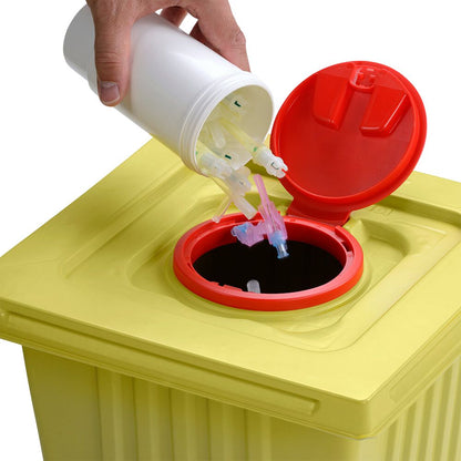 A hand disposes of used syringe tips from a white Helmut Schwarz GmbH melijekt disposal container 12 L into a yellow medical waste container with a red lid, ensuring proper disposal.