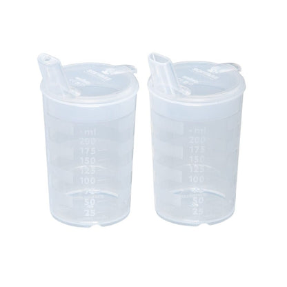 The melinip spout cup ECO by Helmut Schwarz GmbH consists of two transparent measuring cups with snap lids, clear ml markings from 25 ml to 200 ml, and 4 mm flip spouts; perfect for precise use in hospitals or doctor's offices. Delivered in a pack of 10.