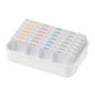 The melipul Dispenser-Tablett 7D-25 from Helmut Schwarz GmbH is a white pill dispenser that features multiple rows of compartments, each labeled with the German inscriptions "MORGEN", "MITTAG", "ABEND", and "NACHT". The labels are available in different colors, making it a practical reusable dispenser.