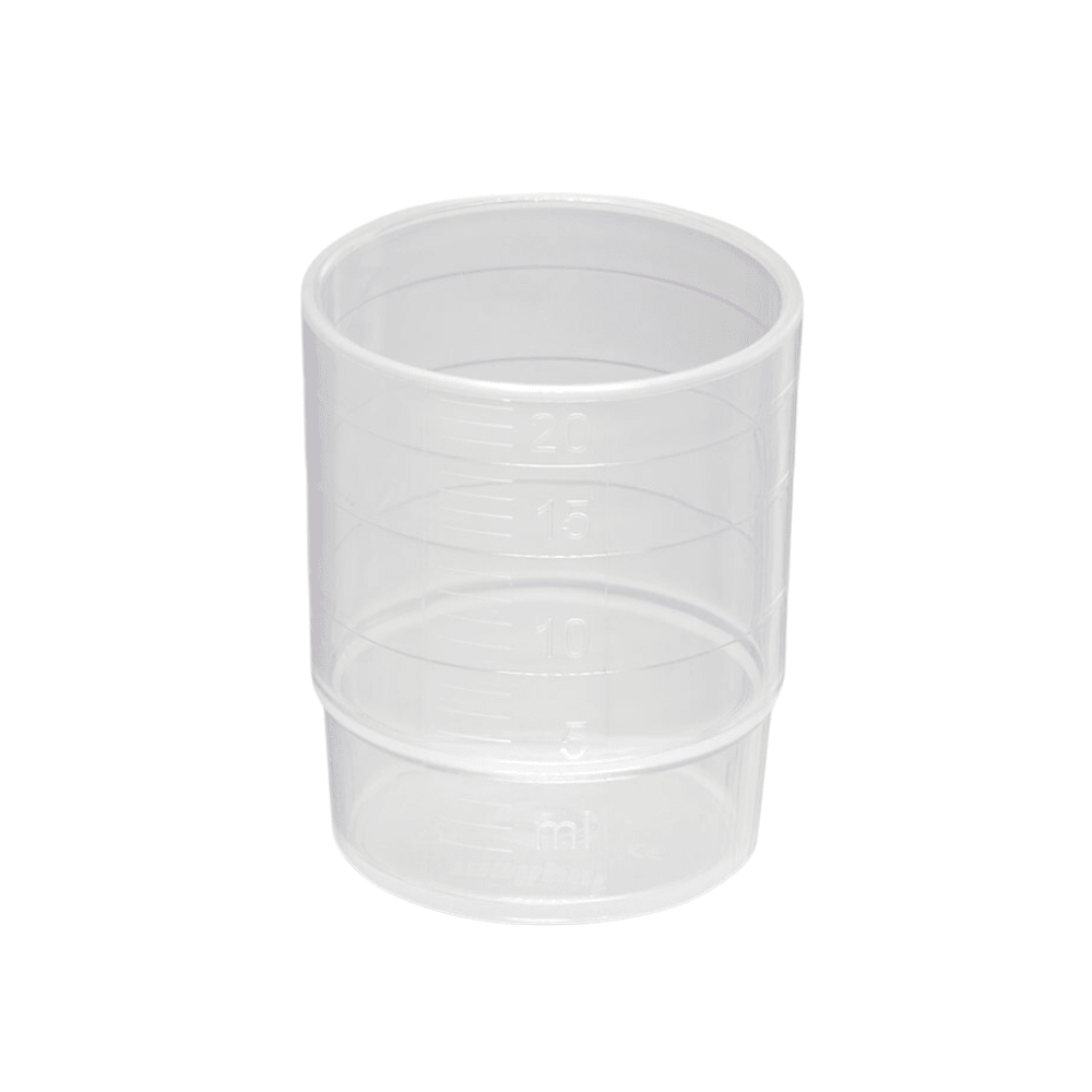 The melipul REUSABLE medication cup stackable 25 ml from Helmut Schwarz GmbH is made of dishwasher-safe polypropylene and features clear measuring markings in milliliters from 2.5 to 20 ml on a white background.