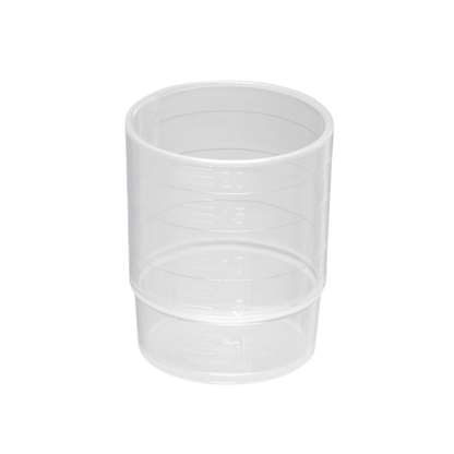 The melipul REUSABLE medication cup stackable 25 ml from Helmut Schwarz GmbH is made of dishwasher-safe polypropylene and features clear measuring markings in milliliters from 2.5 to 20 ml on a white background.