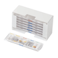 A white melipul medication dispenser XL-5 by Helmut Schwarz GmbH, with a week's supply of tablet containers labeled in German for morning, noon, and evening doses. One container is retractable and displays various tablets in individual compartments.
