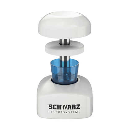 A white kitchen appliance in cylindrical design by Helmut Schwarz GmbH is perfect for hygienic crushing. It features a removable lid and a transparent blue container with measuring markings, ideal for use as a melipul tablet crusher PROFI.