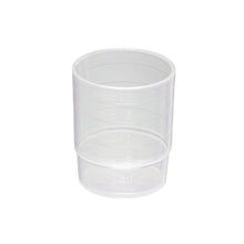 The melipul REUSABLE medication cup from Helmut Schwarz GmbH is a stackable, 25 ml capacity, transparent plastic cup made of polypropylene (PP) with precise measurement markings, perfect for versatile use in the kitchen - all on a plain white background.